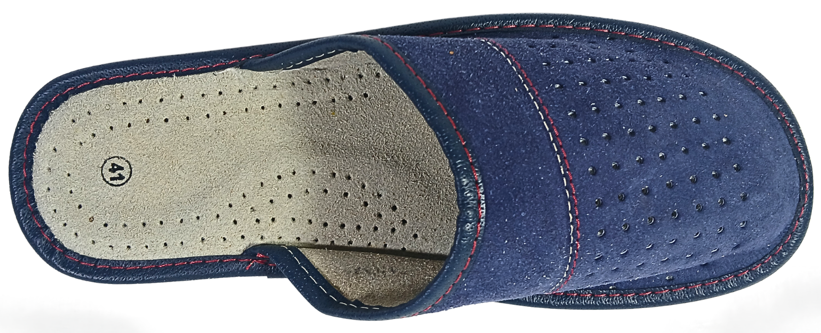 Top-down view of men's navy blue suede closed-toe slipper showing full perforated dot upper, red stitching and cream leather insole — The Leather Gift Co