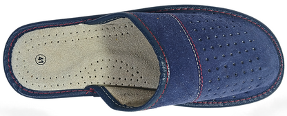 Top-down view of men's navy blue suede closed-toe slipper showing full perforated dot upper, red stitching and cream leather insole — The Leather Gift Co
