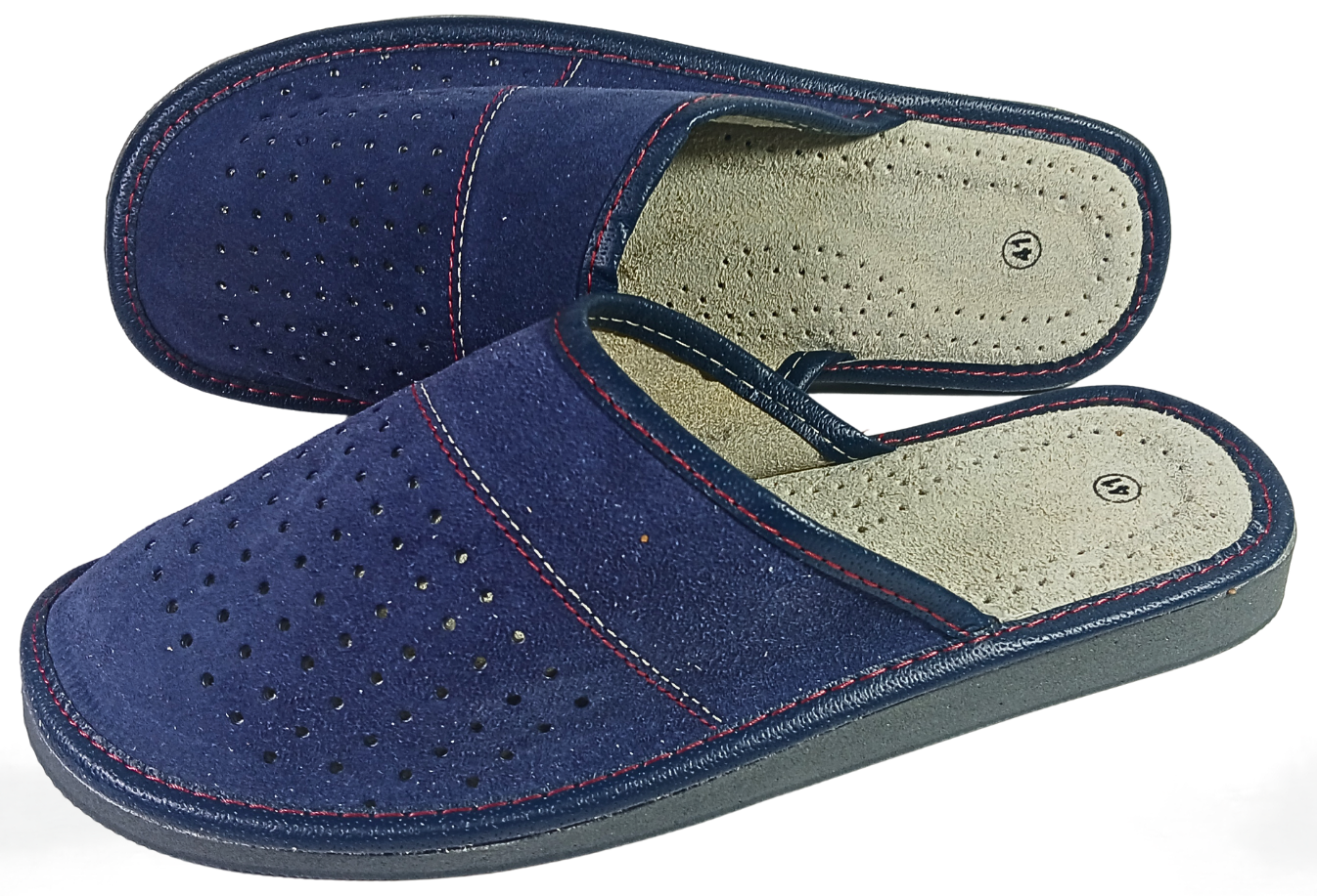     Pair of men's navy blue suede closed-toe slippers showing perforated dot vamp, cream leather insole and dark rubber outsole — The Leather Gift Co