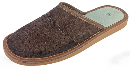Three-quarter rear view of men's dark brown suede closed-toe slipper with cream leather footbed and tan ribbed rubber outsole — The Leather Gift Co