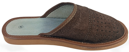 Top-down view of men's dark brown suede closed-toe slipper showing perforated dot cluster vamp and pale leather footbed — The Leather Gift Co