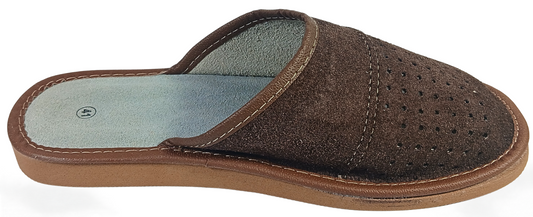 Top-down view of men's dark brown suede closed-toe slipper showing perforated dot cluster vamp and pale leather footbed — The Leather Gift Co
