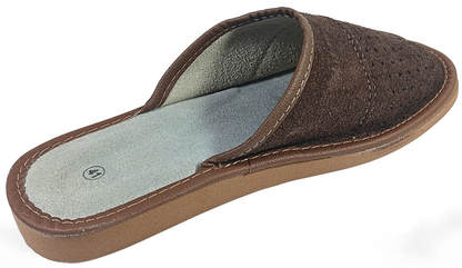 Three-quarter front view of men's dark brown suede closed-toe slipper showing perforated vamp and pale leather footbed — The Leather Gift Co