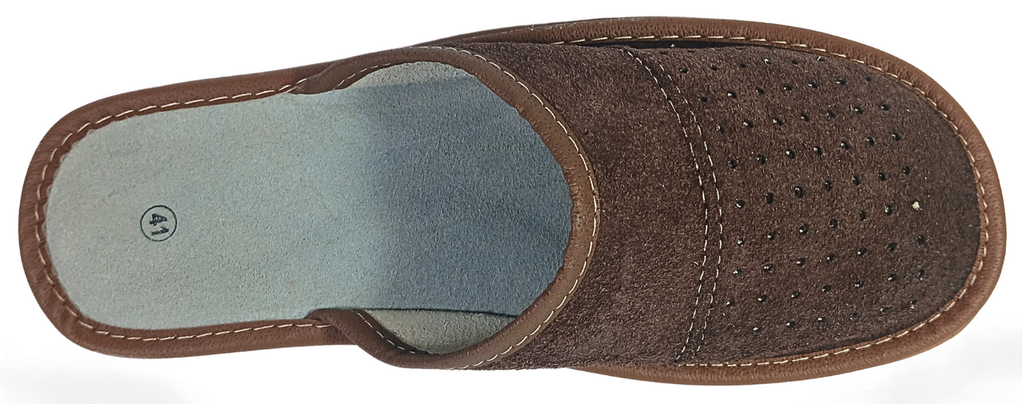 Side profile view of men's dark brown suede closed-toe slipper with tan leather trim and ribbed rubber outsole — The Leather Gift Co