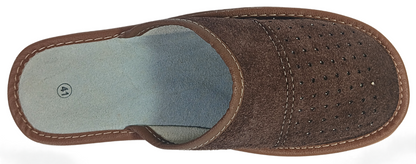 Side profile view of men's dark brown suede closed-toe slipper with tan leather trim and ribbed rubber outsole — The Leather Gift Co