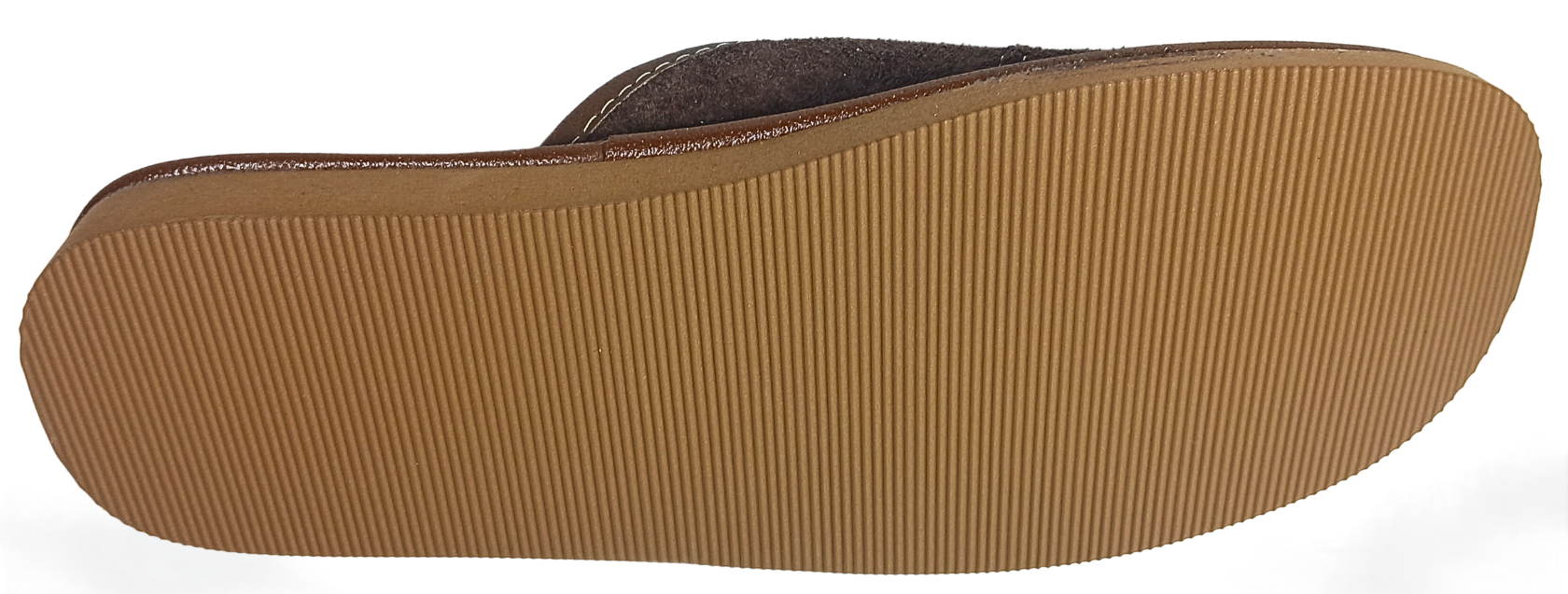 Sole view of men's dark brown suede closed-toe slipper showing full tan ribbed rubber outsole and contrast stitching — The Leather Gift Co