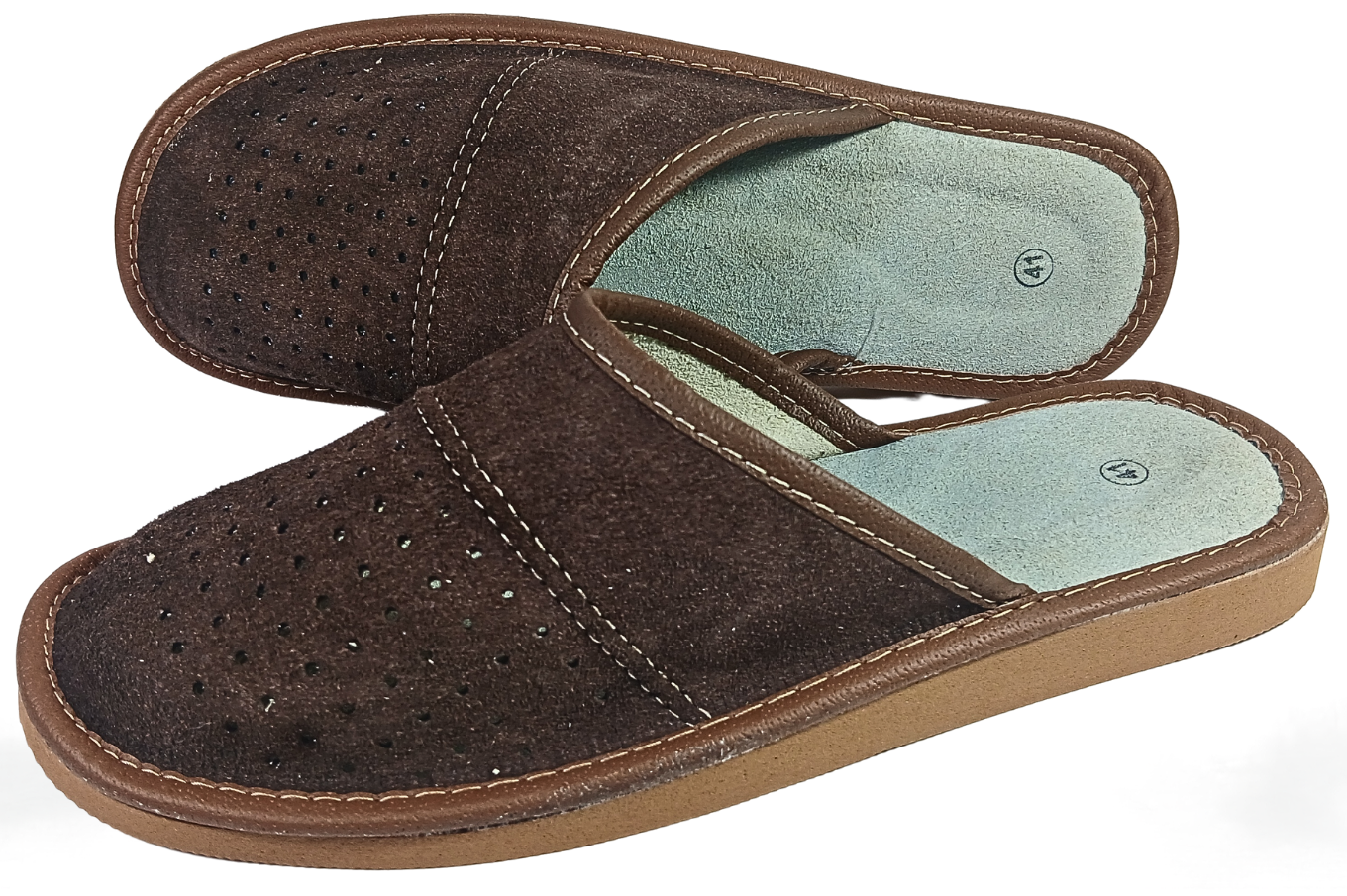 Pair of men's dark brown suede closed-toe slippers top view showing perforated dot cluster and pale leather insole — The Leather Gift Co