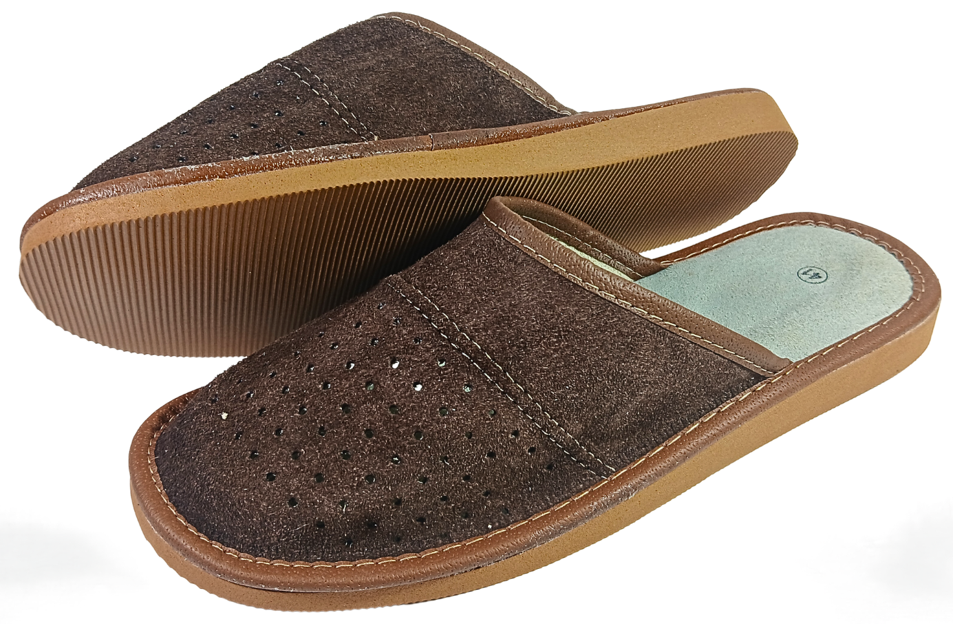 Pair of men's dark brown suede closed-toe slippers showing perforated vamp, pale leather footbed and tan rubber outsole — The Leather Gift Co