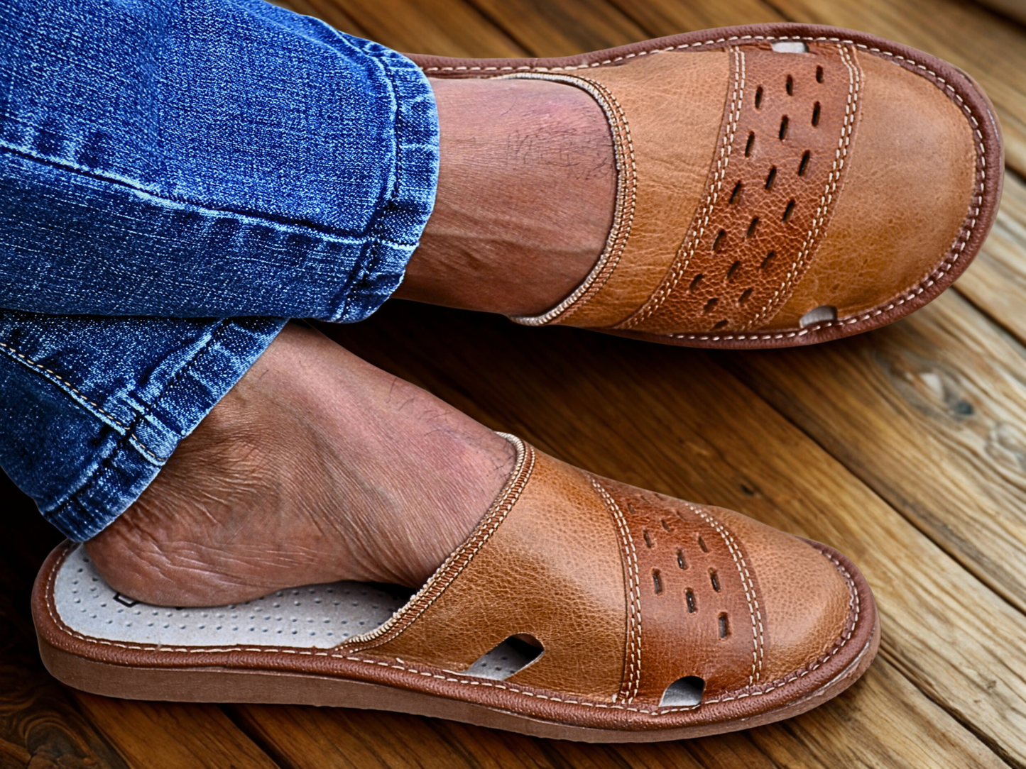 Handmade sheepskin house slippers for men - closed toe indoor mules made in Poland