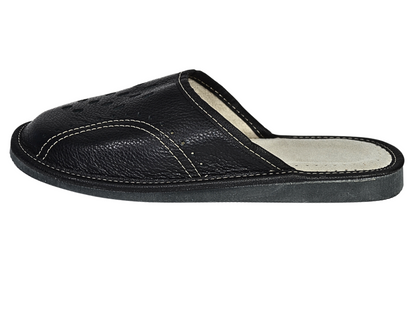 Handmade men's leather indoor slippers, side view, closed toe slip-on style - The Leather Gift Co