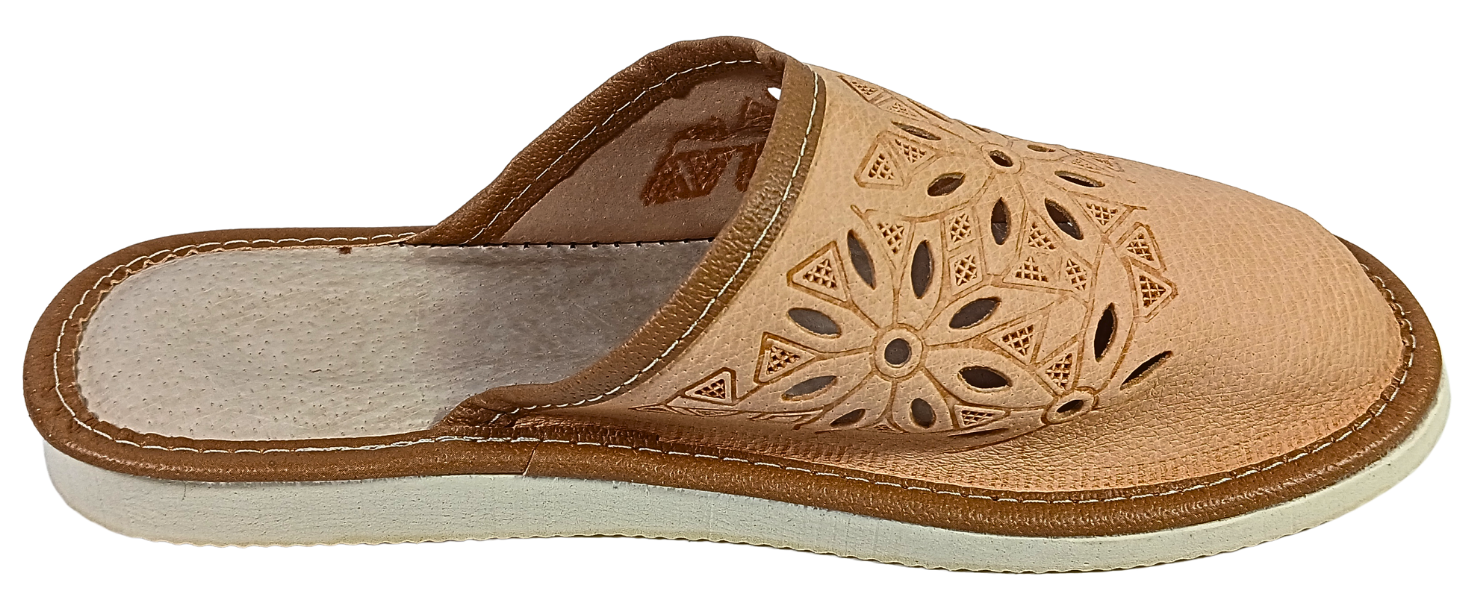Top view of women's leather mule slipper with laser-cut floral cutout pattern and beige genuine leather upper