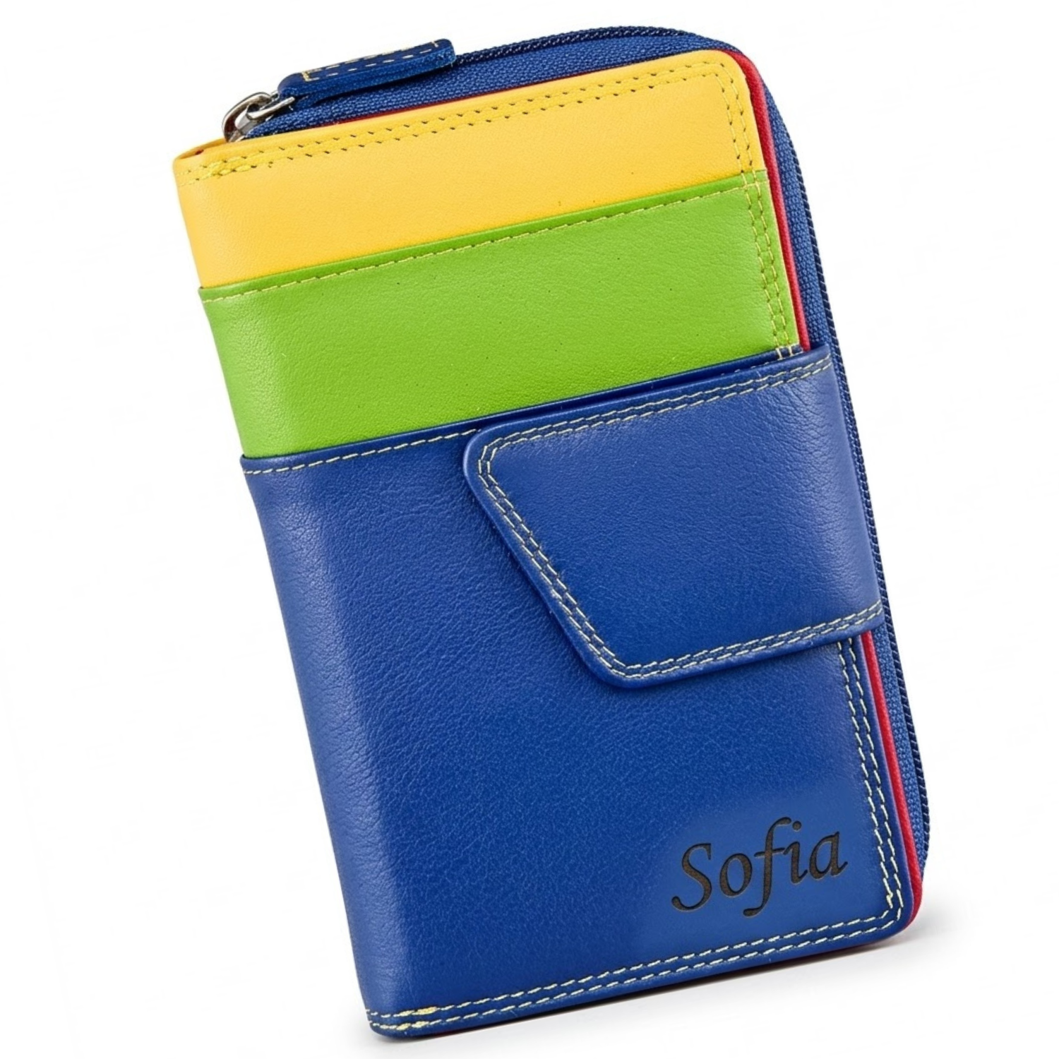 Blue wallet with colorful card slots on a wooden surface with flowers