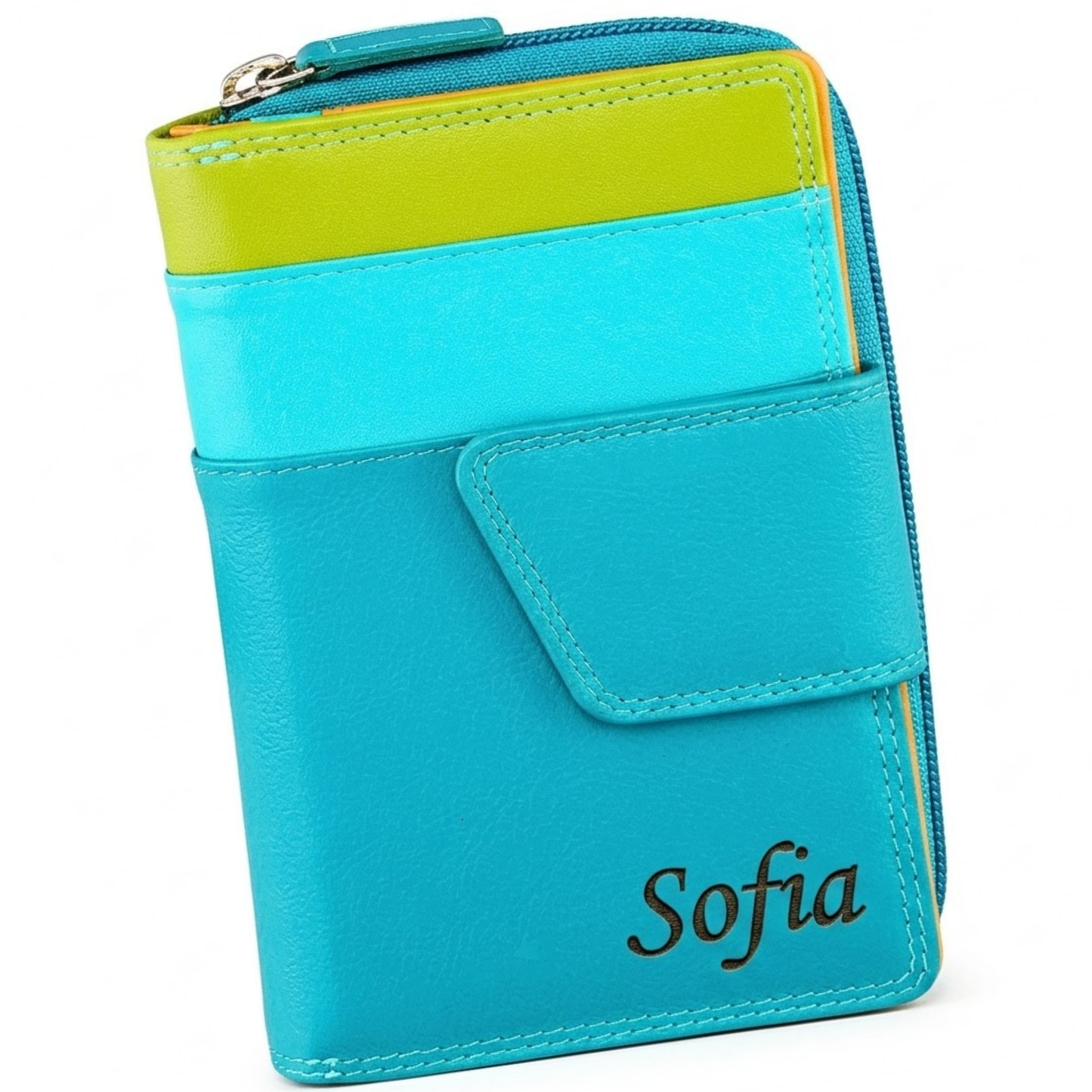 Multicolour RFID Nappa leather long purse for women in Navy – handmade zip-around clutch wallet, The Leather Gift Co