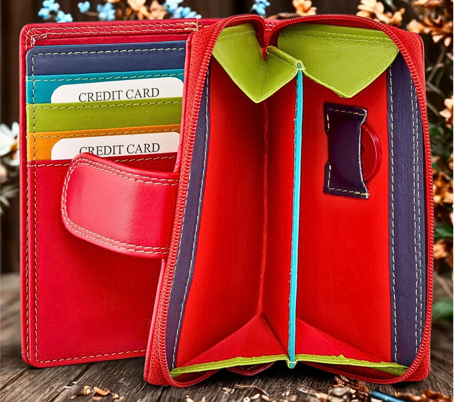 Nappa leather wallet interior with 2 banknote sections and zip pockets