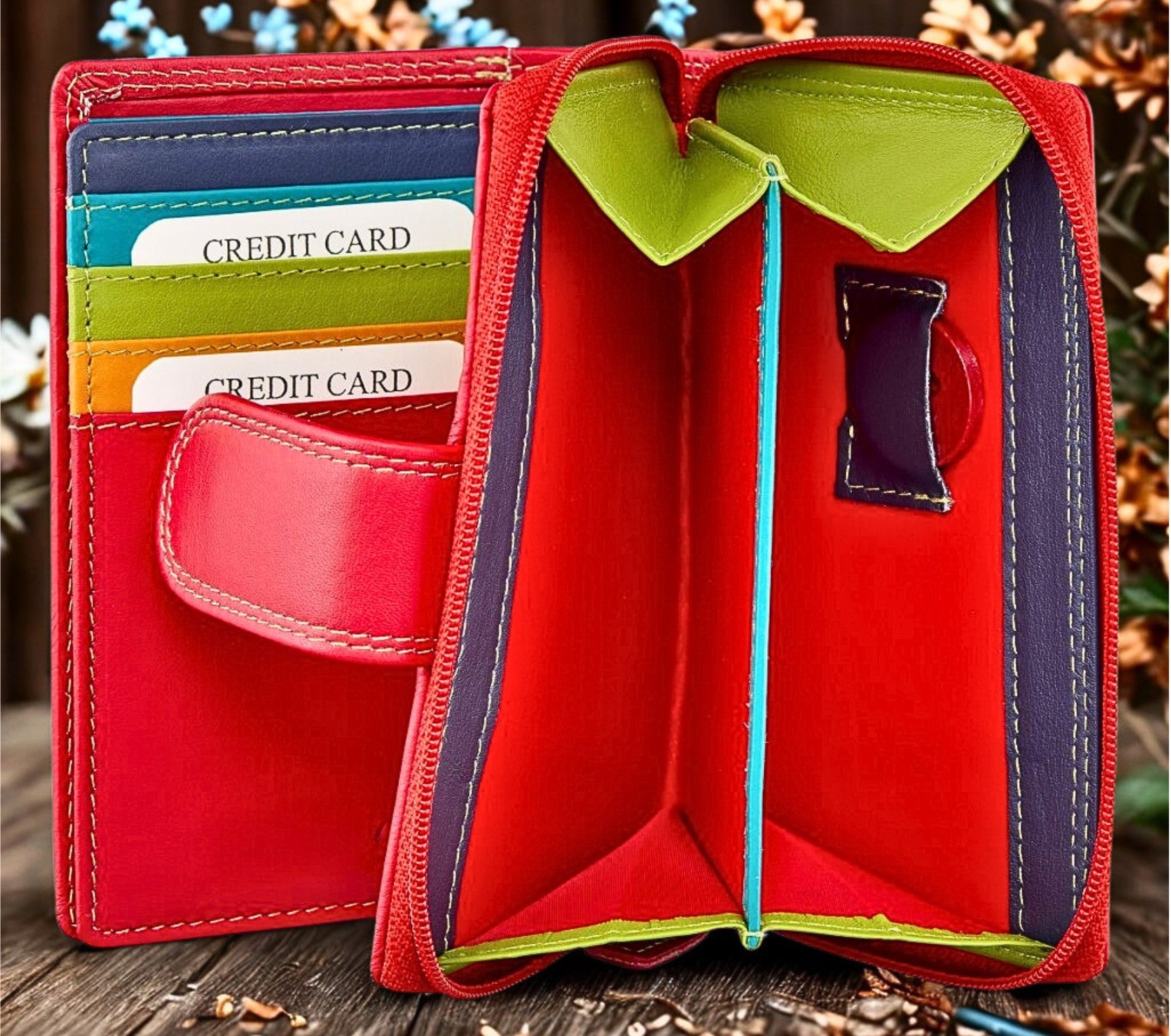 Nappa leather wallet interior with 2 banknote sections and zip pockets