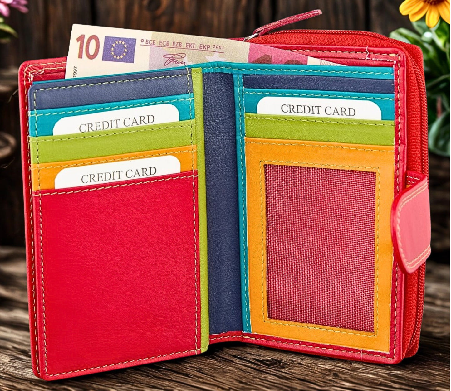 Multicolored leather purse for women – Berry Red variant with zip closure