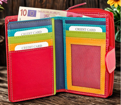 Multicolored leather purse for women – Berry Red variant with zip closure