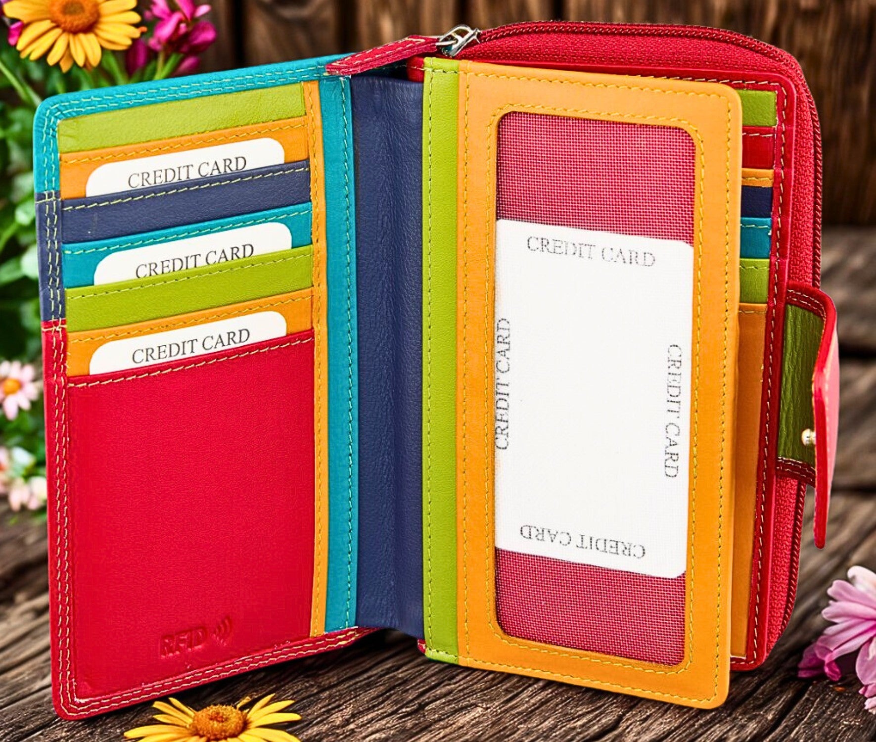 Multicolour Nappa leather zip-around clutch wallet for women – vibrant color detail, handmade in Poland