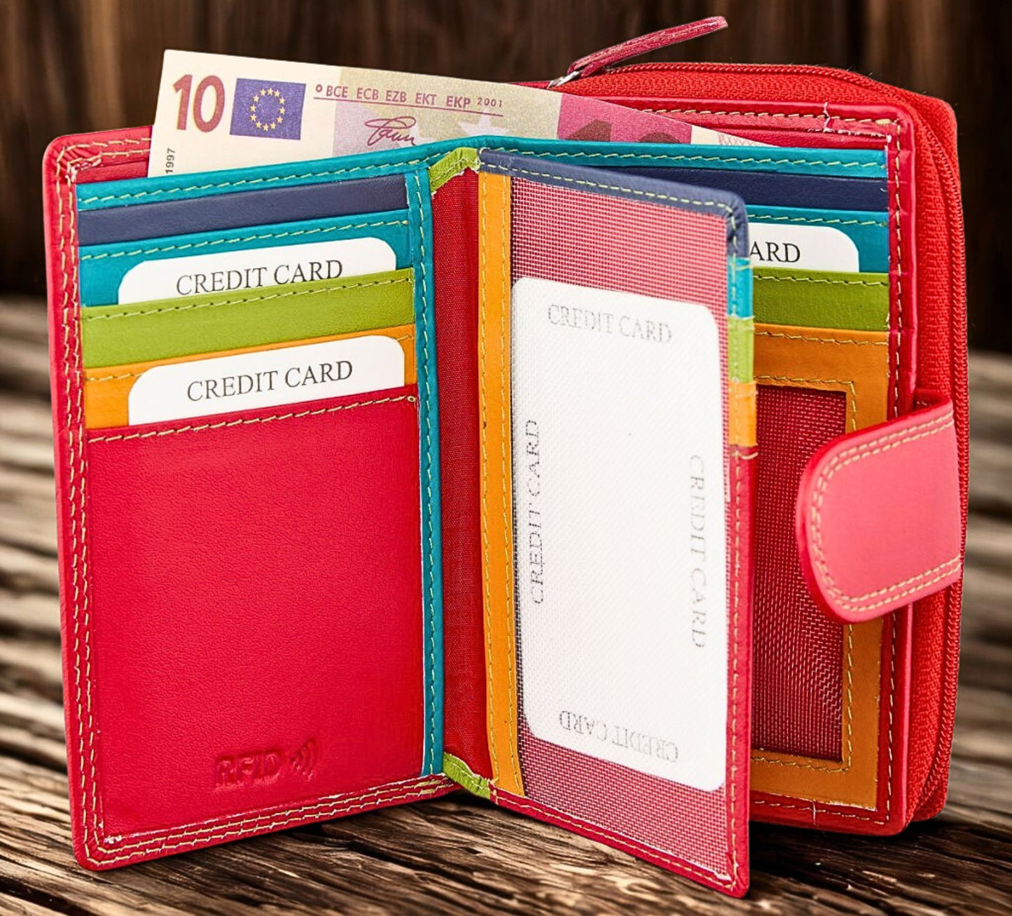 Women's leather zip-around wallet open showing 10 card slots and ID windows