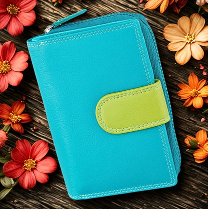 Women's leather wallet in Electric Blue – RFID blocking zip-around design