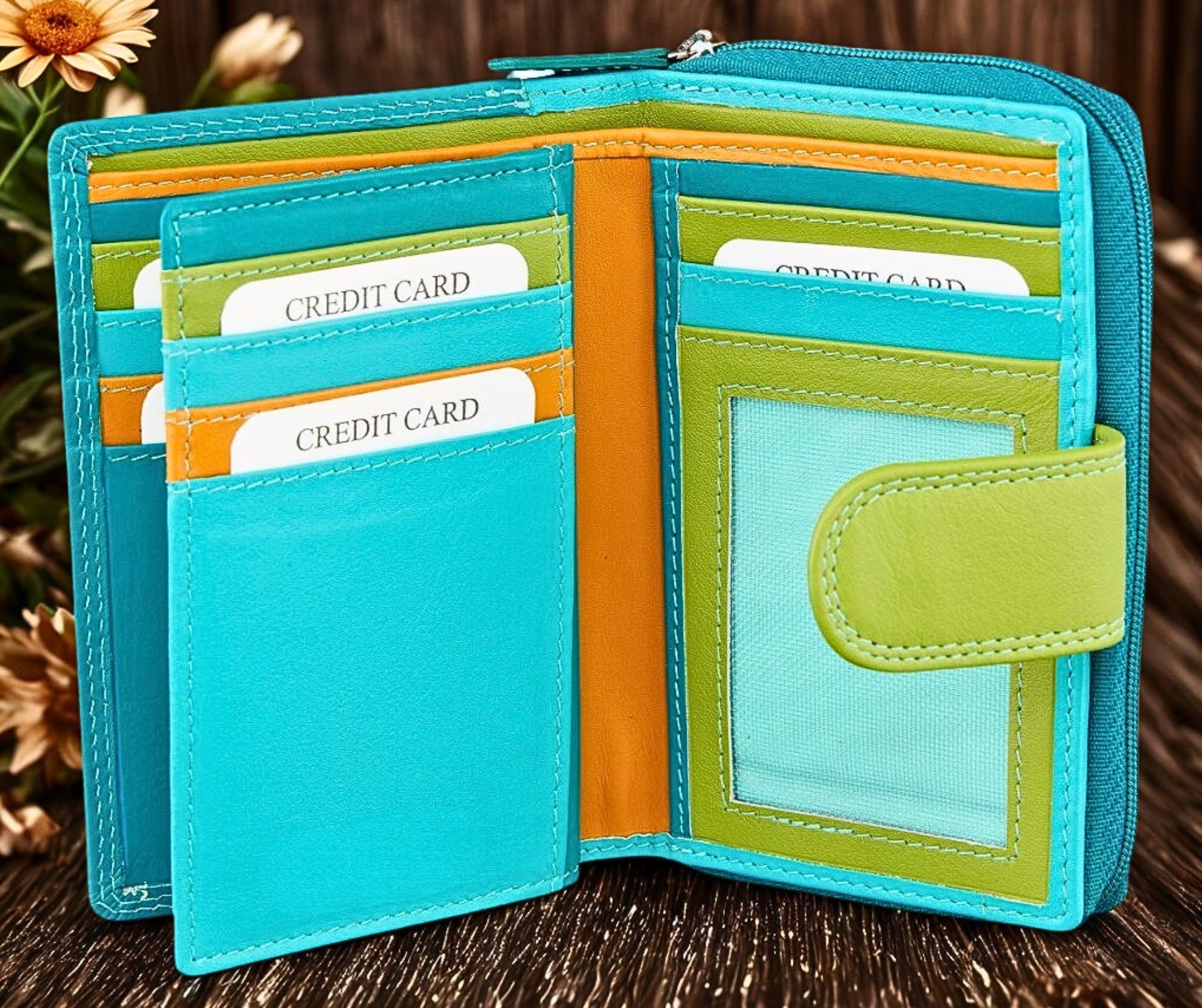 Personalized women's leather zip-around wallet with flap closure – exterior