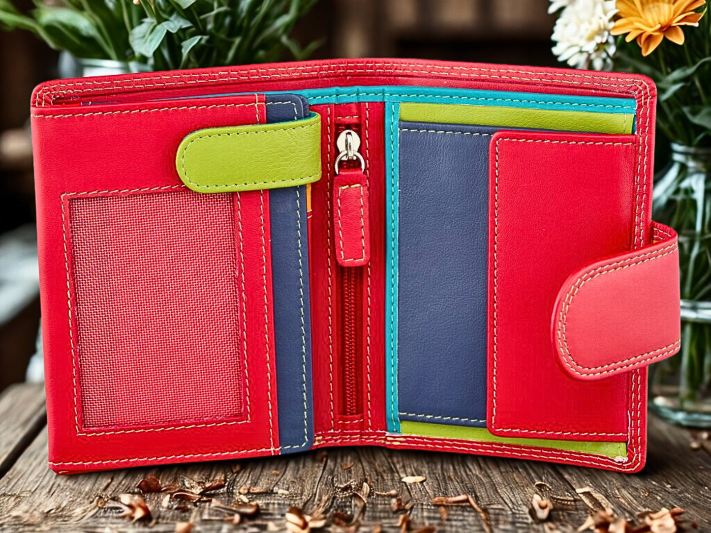 Multicolored ladies leather purse open showing 9 card slots and ID window