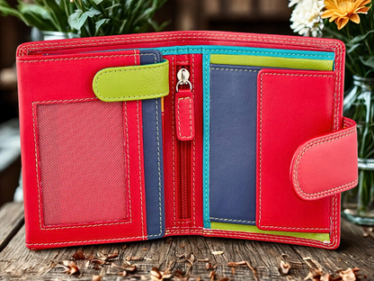 Multicolored ladies leather purse open showing 9 card slots and ID window