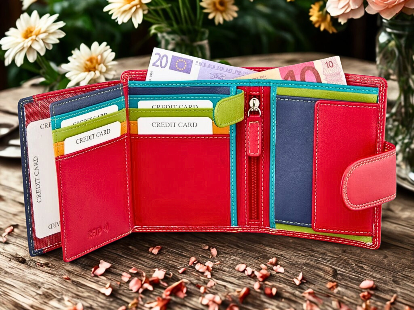 Nappa leather trifold purse for women – snap fastening detail