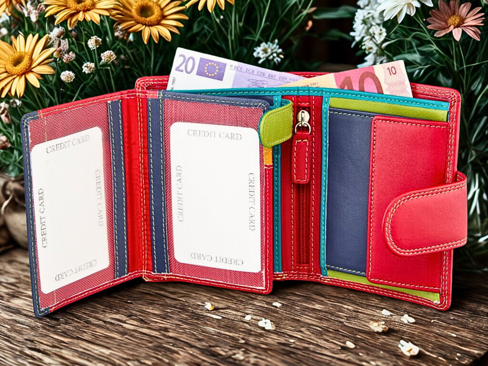 Personalized women's leather wallet in multicolored – exterior close-up