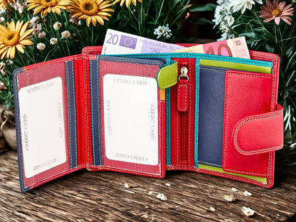 Personalized women's leather wallet in multicolored – exterior close-up