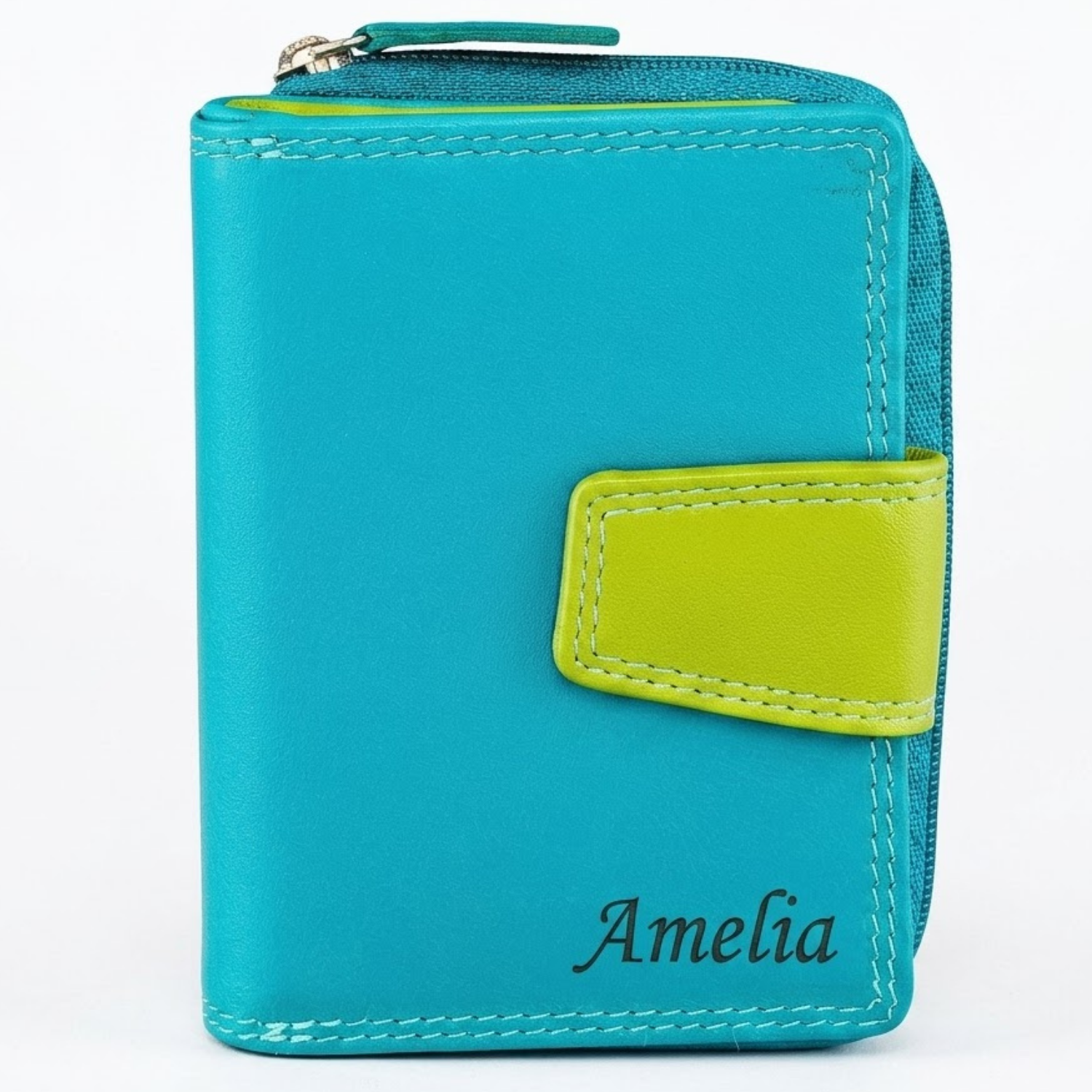 Soft Nappa leather zip-around wallet women blue red navy engraving keepsake gift | The Leather Gift Co