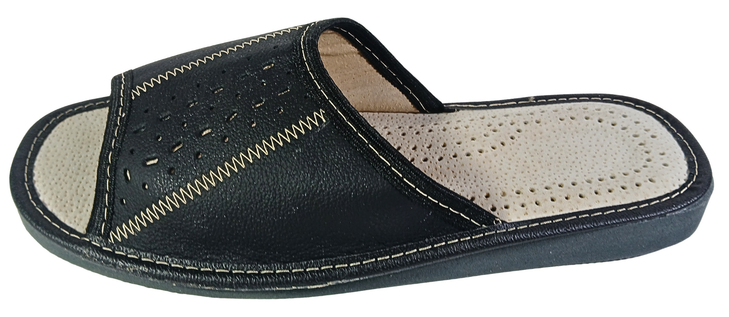 Handmade genuine leather barefoot flip flops for men in black, indoor mule slides - The Leather Gift Co