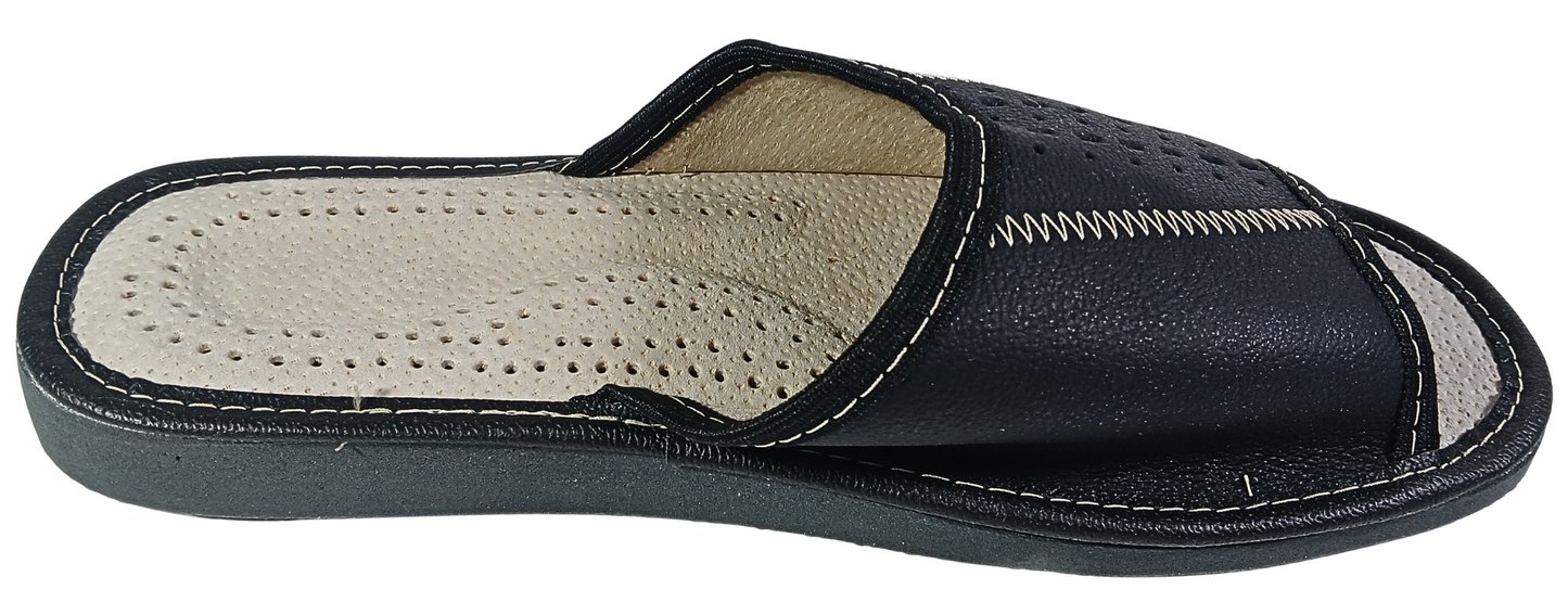 Black leather open toe flip flop slides for men, cushioned sheepskin footbed - The Leather Gift Co