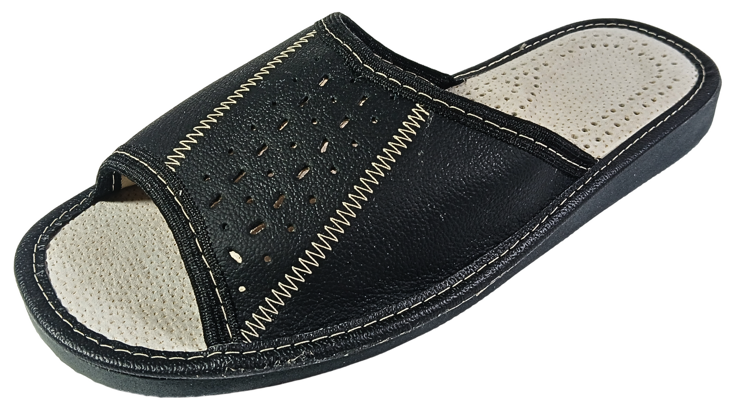 Men's black leather house slippers, open toe barefoot sandals handmade in Poland - The Leather Gift Co