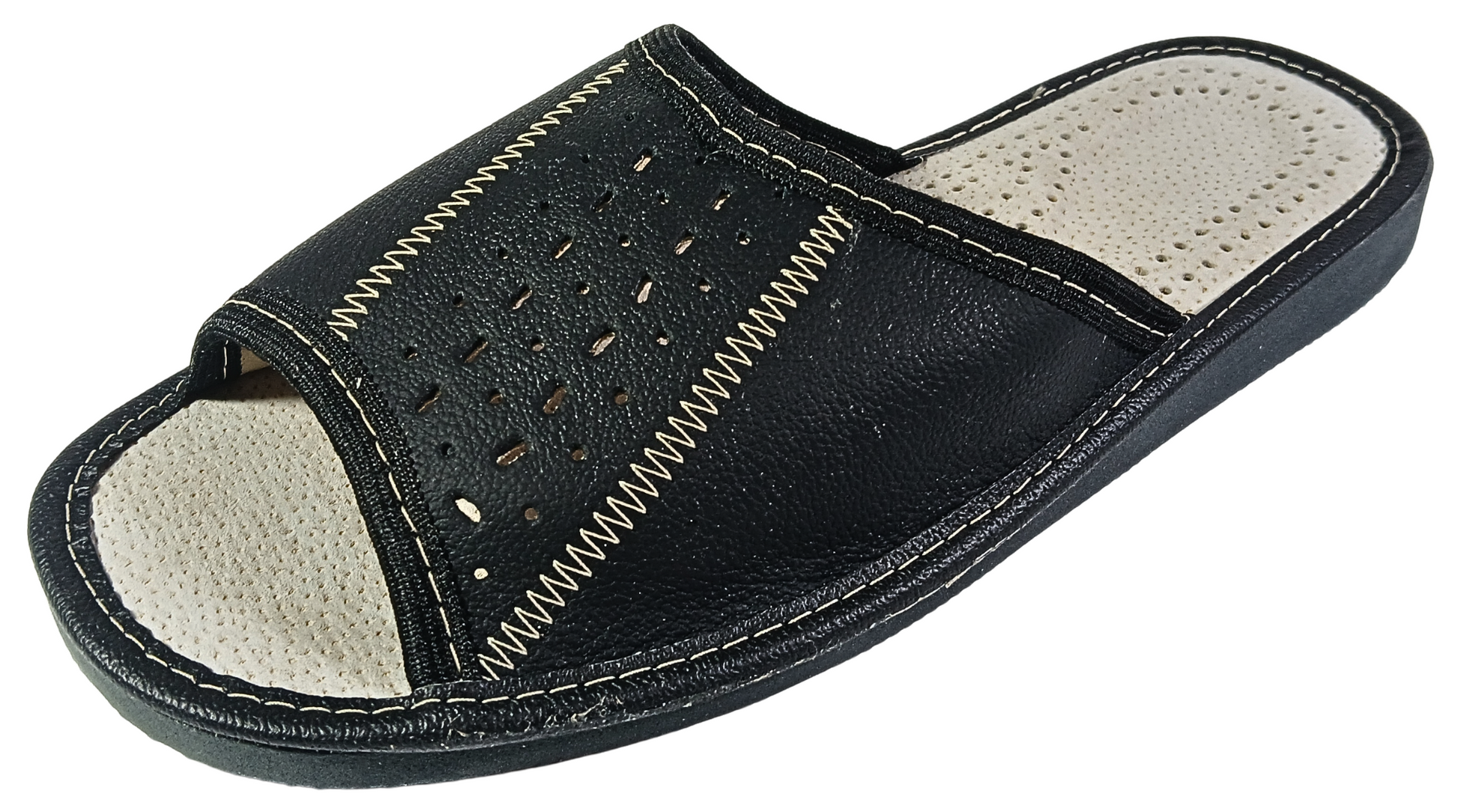 Men's black leather house slippers, open toe barefoot sandals handmade in Poland - The Leather Gift Co