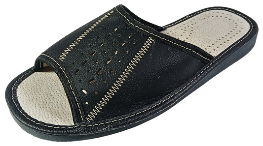 Men's black leather house slippers, open toe barefoot sandals handmade in Poland - The Leather Gift Co