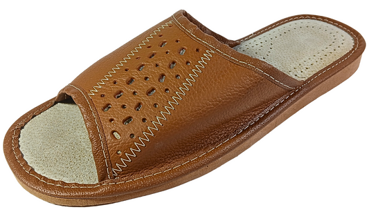 Men's handmade brown genuine leather house slippers, open toe barefoot sandals, made in Poland - The Leather Gift Co