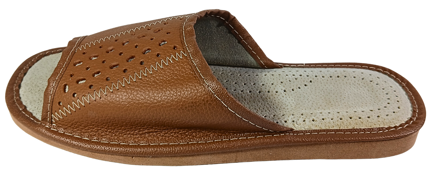 Brown leather open toe mule slides for men, cushioned sheepskin footbed, handmade in Poland - The Leather Gift Co