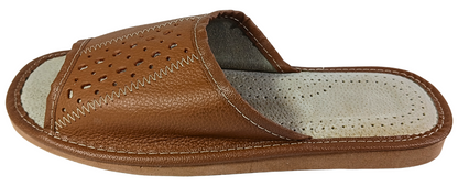 Brown leather open toe mule slides for men, cushioned sheepskin footbed, handmade in Poland - The Leather Gift Co