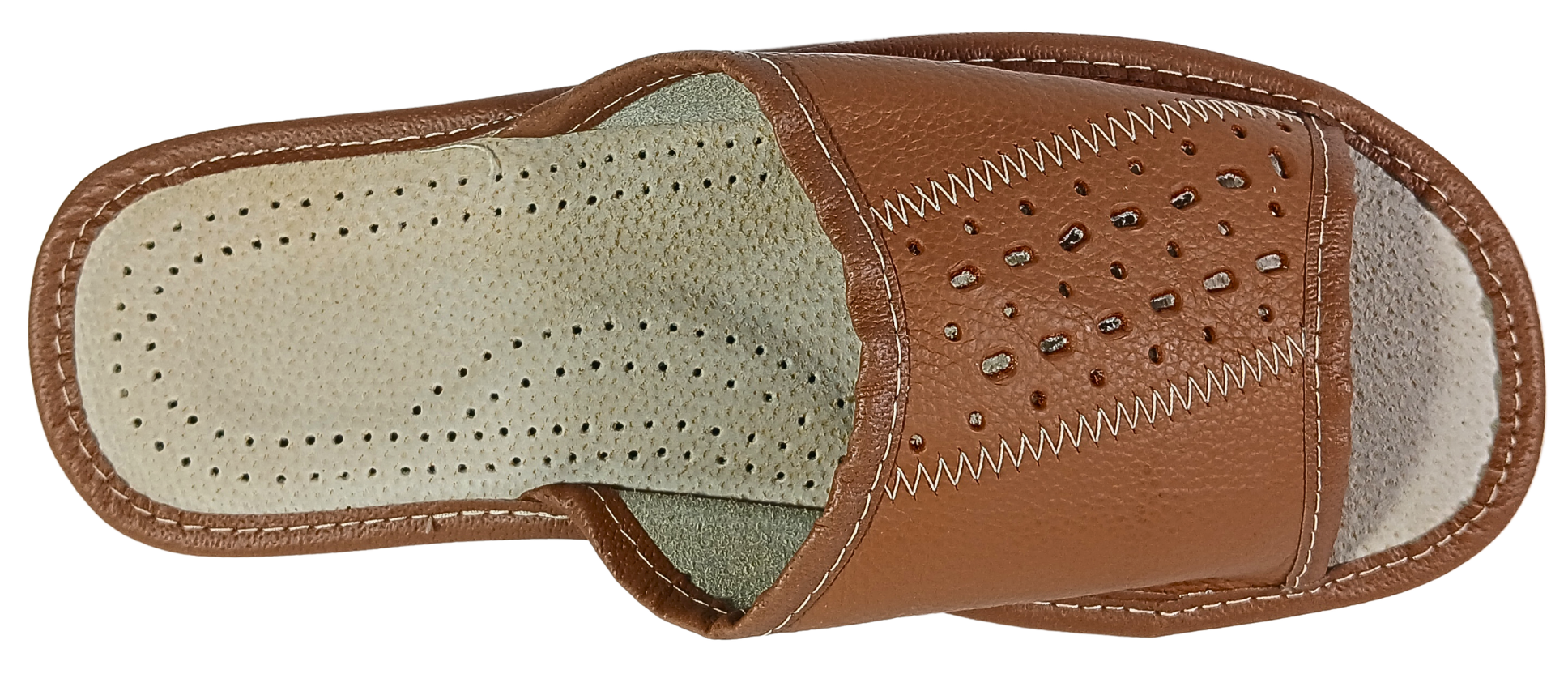 Side view of men's brown leather open toe flip flop slides, lightweight rubber sole - The Leather Gift Co