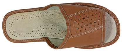 Side view of men's brown leather open toe flip flop slides, lightweight rubber sole - The Leather Gift Co