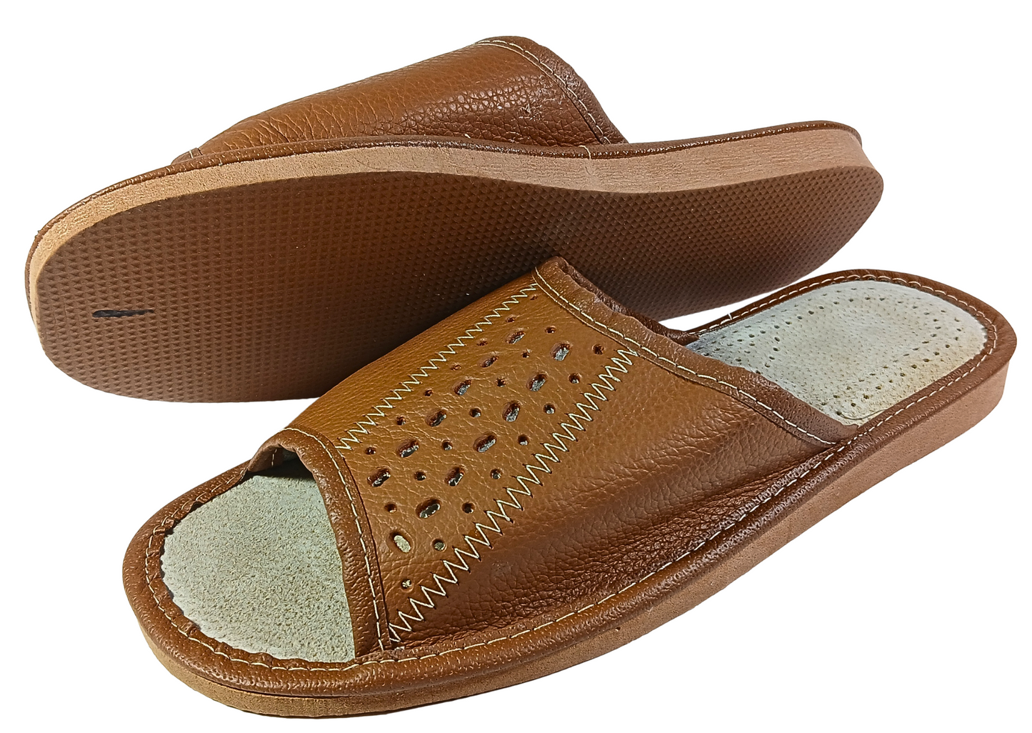 Pair of men's brown genuine leather barefoot house slippers, handcrafted in Poland, free EU shipping - The Leather Gift Co