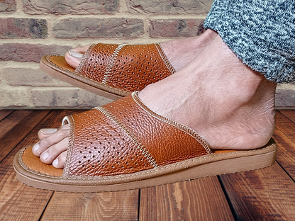 Handmade full grain leather house slides for men in brown, made in Poland - The Leather Gift Co