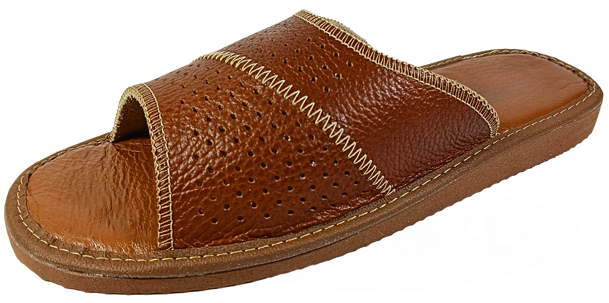 Brown leather flip flop slides for men, open toe slip-on mule, sheepskin insole - The Leather Gift Co
