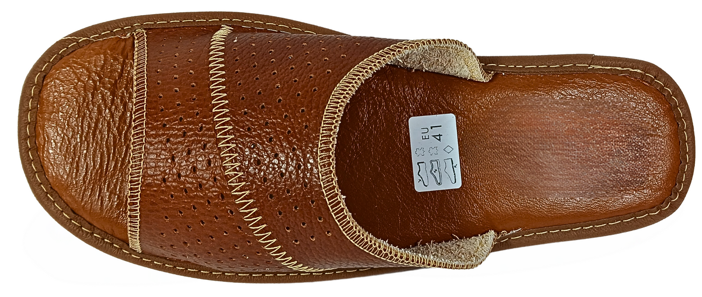 Top view of brown handmade leather flip flop slides for men, Poland - The Leather Gift Co