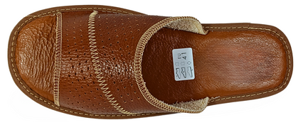 Top view of brown handmade leather flip flop slides for men, Poland - The Leather Gift Co