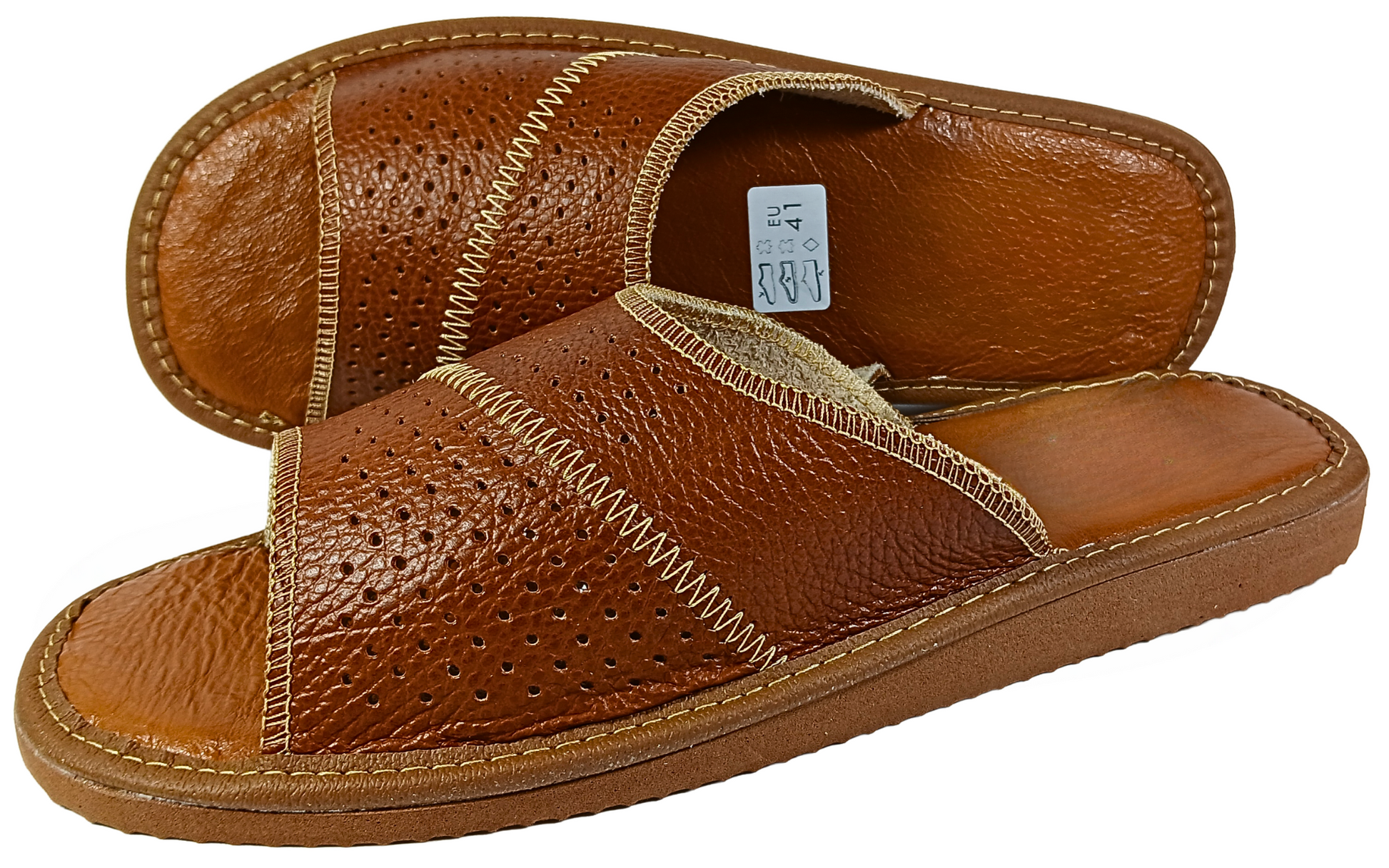 Close-up of breathable sheepskin insole in men's brown leather open toe slides - The Leather Gift Co