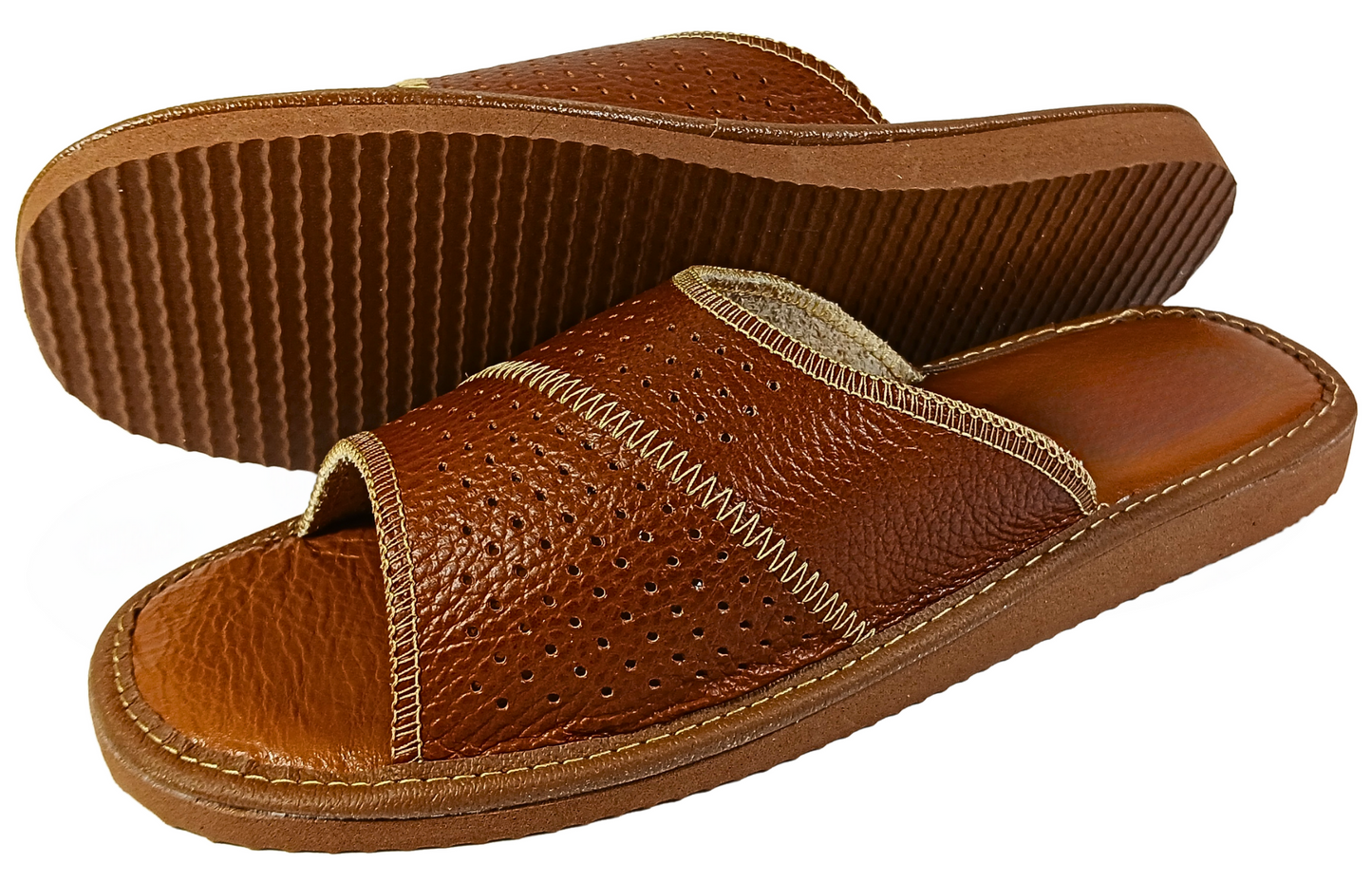 Men's brown full grain leather sandals, flexible rubber sole with traction pattern - The Leather Gift Co