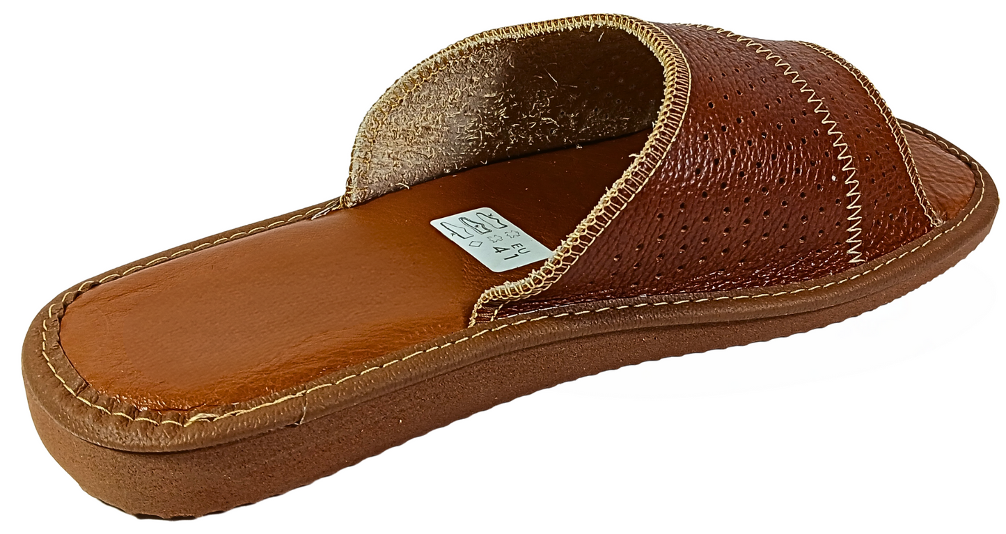 Side view of men's brown leather open toe slides, lightweight rubber sole - The Leather Gift Co