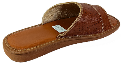 Side view of men's brown leather open toe slides, lightweight rubber sole - The Leather Gift Co
